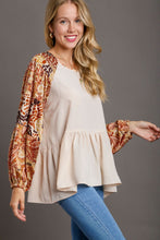Load image into Gallery viewer, Umgee Solid Color Babydoll Top with Mixed Print Sleeves in Champagne Shirts &amp; Tops Umgee   
