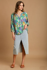 Umgee Mixed Print A-Line Top in Green Shirts & Tops Umgee   