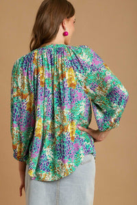 Umgee Mixed Print A-Line Top in Green Shirts & Tops Umgee   