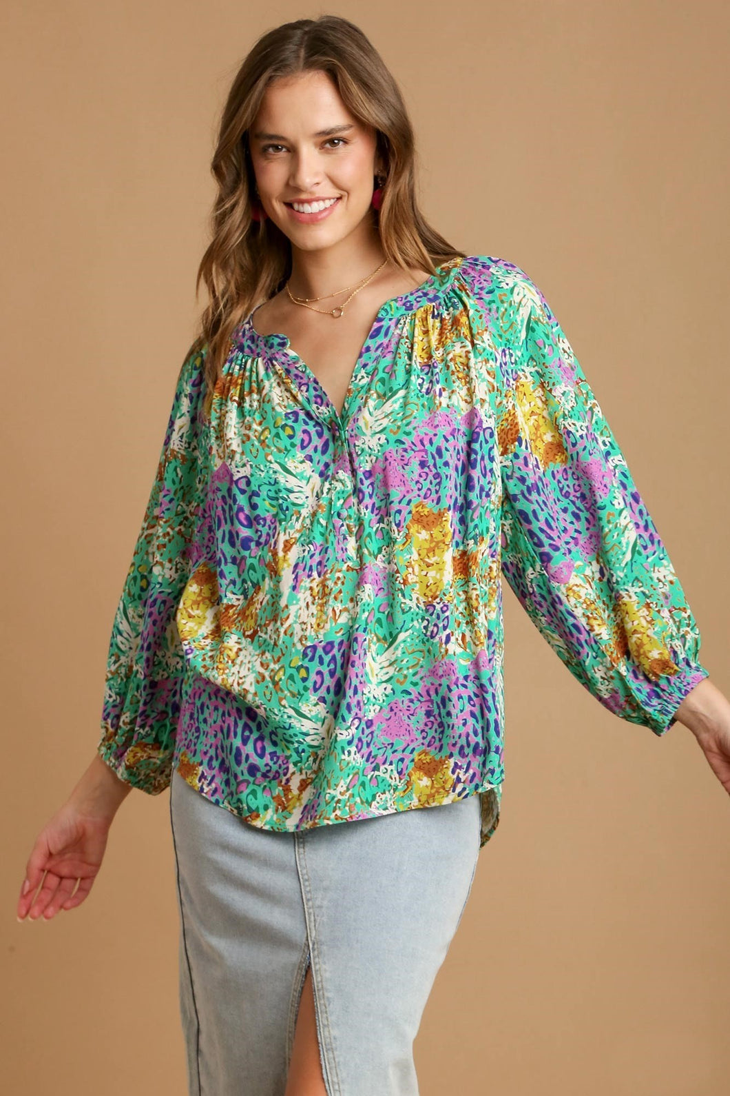 Umgee Mixed Print A-Line Top in Green Shirts & Tops Umgee   