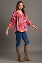 Load image into Gallery viewer, Umgee Mixed Print A-Line Top in Magenta Shirts &amp; Tops Umgee   
