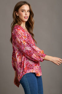 Umgee Mixed Print A-Line Top in Magenta Shirts & Tops Umgee   