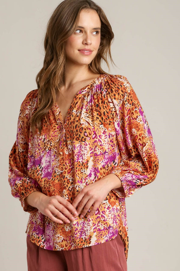 Umgee Mixed Print A-Line Top in Ochre Shirts & Tops Umgee   