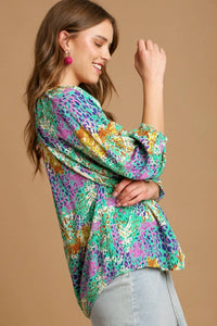 Umgee Mixed Print A-Line Top in Green Shirts & Tops Umgee   