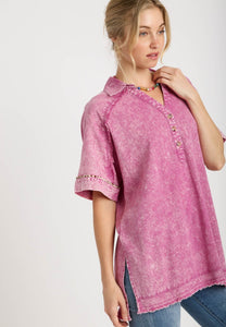 Umgee Mineral Washed Linen Blend Boxy Cut Top in Raspberry Shirts & Tops Umgee   