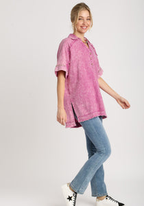 Umgee Mineral Washed Linen Blend Boxy Cut Top in Raspberry Shirts & Tops Umgee   