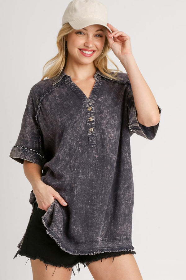 Umgee Mineral Washed Linen Blend Boxy Cut Top in Midnight Shirts & Tops Umgee   