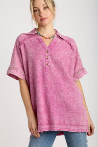 Umgee Mineral Washed Linen Blend Boxy Cut Top in Raspberry Shirts & Tops Umgee   