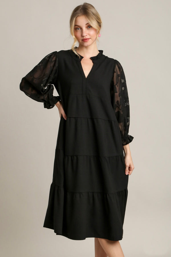 Umgee Tiered Midi Dress with Burnout Sleeves in Black Dresses Umgee   