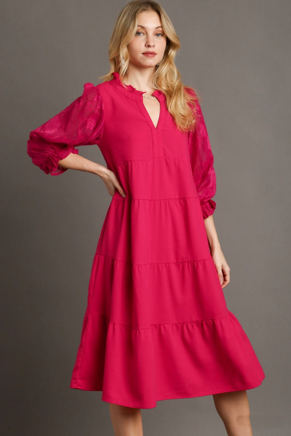 Umgee Tiered Midi Dress with Burnout Sleeves in Magenta Dresses Umgee   