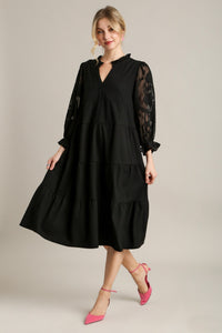 Umgee Tiered Midi Dress with Burnout Sleeves in Black Dresses Umgee   