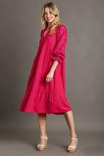 Load image into Gallery viewer, Umgee Tiered Midi Dress with Burnout Sleeves in Magenta Dresses Umgee   
