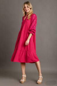 Umgee Tiered Midi Dress with Burnout Sleeves in Magenta Dresses Umgee   