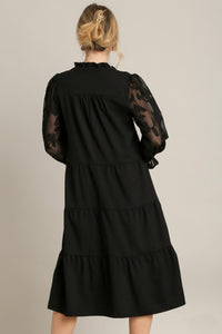 Umgee Tiered Midi Dress with Burnout Sleeves in Black Dresses Umgee   