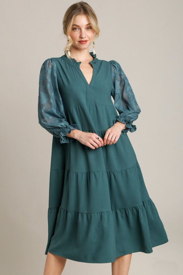 Umgee Tiered Midi Dress with Burnout Sleeves in Lagoon Dresses Umgee   