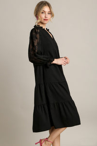 Umgee Tiered Midi Dress with Burnout Sleeves in Black Dresses Umgee   