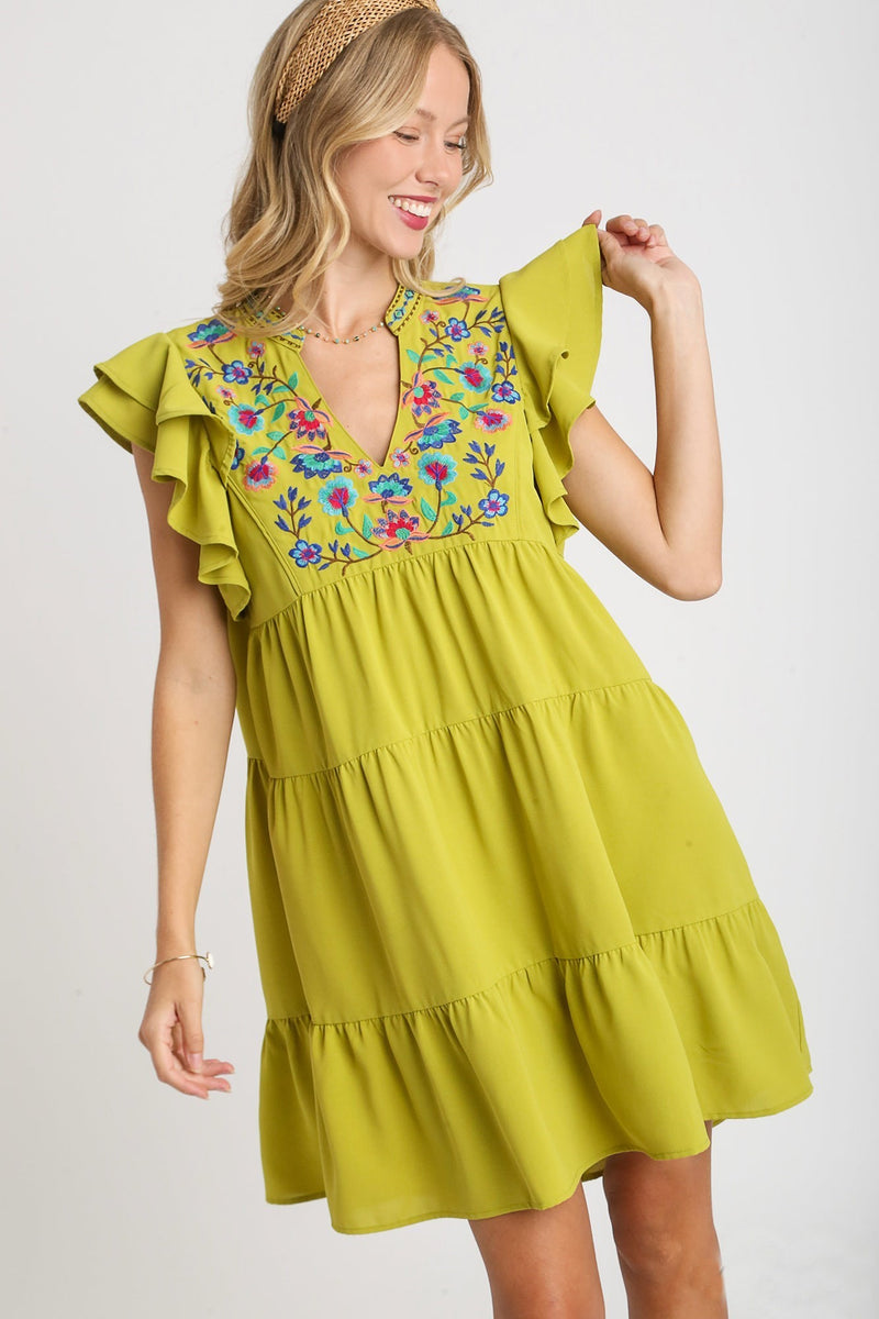Umgee Embroidery Detailed Short ALine Dress in Cyber Lime June Adel