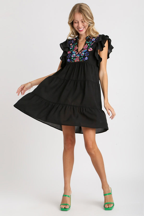 Umgee Embroidery Detailed Short A-Line Dress in Black Dress Umgee   