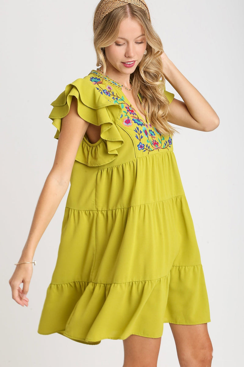 Umgee Embroidery Detailed Short ALine Dress in Cyber Lime June Adel