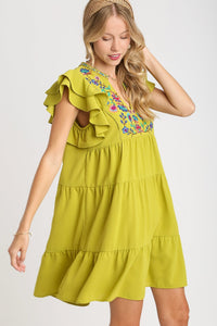 Umgee Embroidery Detailed Short A-Line Dress in Cyber Lime Dress Umgee   