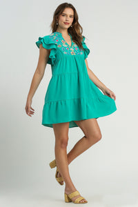 Umgee Embroidery Detailed Short A-Line Dress in Jade Green Dress Umgee   