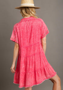 Umgee Mineral Washed Tiered Dress with Contrasting Details in Coral Pink Dress Umgee   