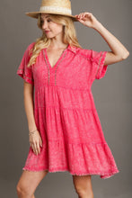 Load image into Gallery viewer, Umgee Mineral Washed Tiered Dress with Contrasting Details in Coral Pink Dress Umgee   

