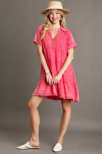 Umgee Mineral Washed Tiered Dress with Contrasting Details in Coral Pink Dress Umgee   