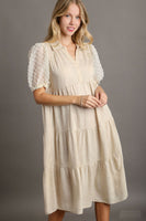Umgee Solid Color Linen Blend Midi Dress with Floral Applique Details in Oatmeal Dresses Umgee   