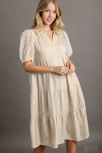 Umgee Solid Color Linen Blend Midi Dress with Floral Applique Details in Oatmeal Dresses Umgee   