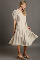 Umgee Solid Color Linen Blend Midi Dress with Floral Applique Details in Oatmeal Dresses Umgee   