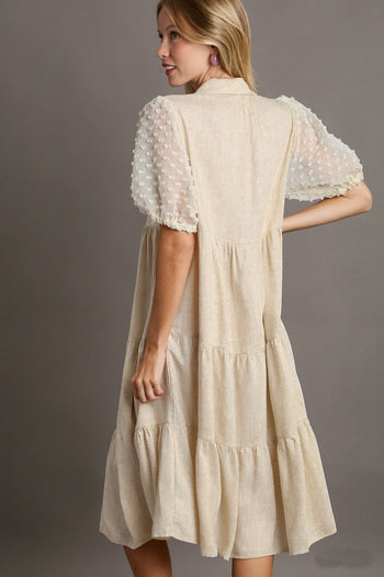 Umgee Solid Color Linen Blend Midi Dress with Floral Applique Details in Oatmeal Dresses Umgee   