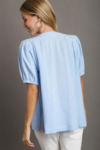 Umgee Boxy Cut Cotton Gauze Top with Embroidery Details in Light Blue