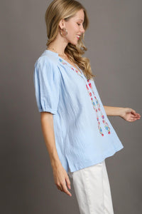 Umgee Boxy Cut Cotton Gauze Top with Embroidery Details in Light Blue