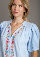 Load image into Gallery viewer, Umgee Boxy Cut Cotton Gauze Top with Embroidery Details in Light Blue
