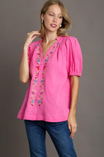 Load image into Gallery viewer, Umgee Boxy Cut Cotton Gauze Top with Embroidery Details in Bubblegum
