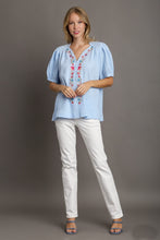 Load image into Gallery viewer, Umgee Boxy Cut Cotton Gauze Top with Embroidery Details in Light Blue
