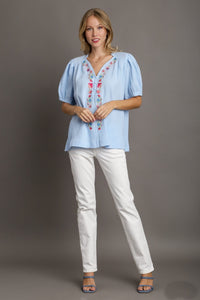 Umgee Boxy Cut Cotton Gauze Top with Embroidery Details in Light Blue