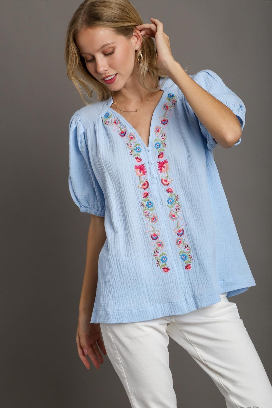 Umgee Boxy Cut Cotton Gauze Top with Embroidery Details in Light Blue