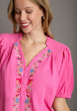 Load image into Gallery viewer, Umgee Boxy Cut Cotton Gauze Top with Embroidery Details in Bubblegum
