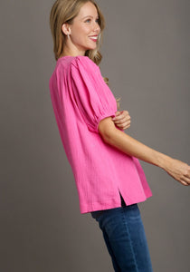 Umgee Boxy Cut Cotton Gauze Top with Embroidery Details in Bubblegum