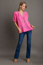 Load image into Gallery viewer, Umgee Boxy Cut Cotton Gauze Top with Embroidery Details in Bubblegum
