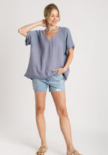 Load image into Gallery viewer, Umgee Cotton Gauze Boxy Top with Frayed Details in Slate Blue Shirts &amp; Tops Umgee   
