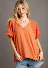 Load image into Gallery viewer, Umgee Cotton Gauze Boxy Top with Frayed Details in Papaya Shirts &amp; Tops Umgee   

