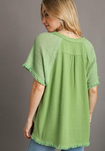 Umgee Cotton Gauze Boxy Top with Frayed Details in Melon Shirts & Tops Umgee   