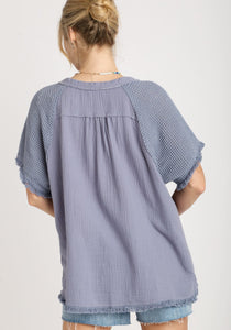 Umgee Cotton Gauze Boxy Top with Frayed Details in Slate Blue Shirts & Tops Umgee   