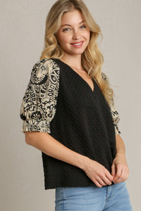 Umgee Solid Color Square Jacquard Top with Contrasting Print Sleeves in Black Shirts & Tops Umgee   