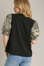 Load image into Gallery viewer, Umgee Solid Color Square Jacquard Top with Contrasting Print Sleeves in Black Shirts &amp; Tops Umgee   
