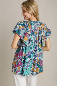 Umgee Floral Print Boxy Cut Top in Jade Mix Shirts & Tops Umgee   