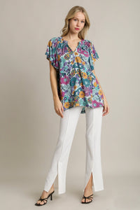 Umgee Floral Print Boxy Cut Top in Jade Mix ON ORDER Shirts & Tops Umgee   